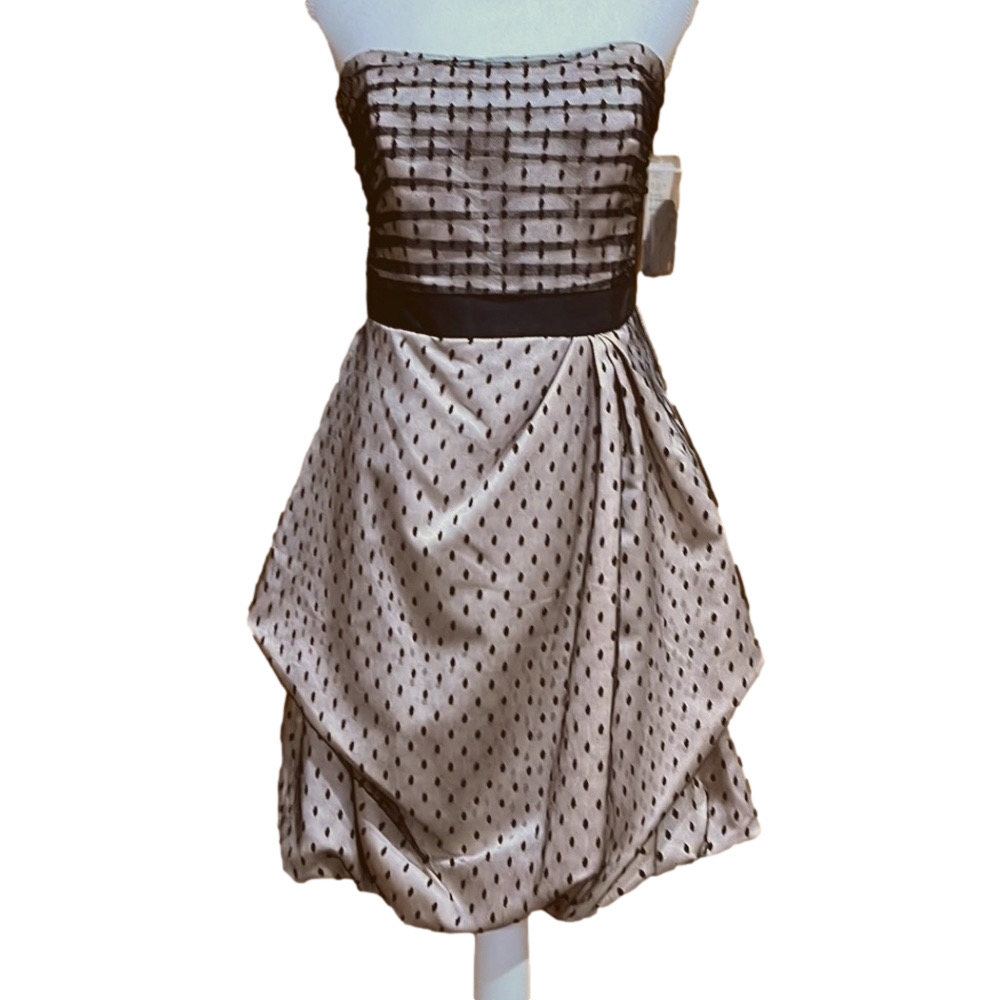 David’s Bridal Bubble Hem Strapless Dress with Black Dot Mesh Overlay - NWT